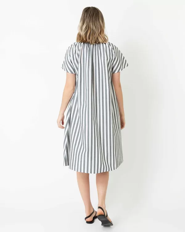 Store Ann Mashburn Atelier Volume Kami Dress Olive/Natural Bold Stripe Chambray