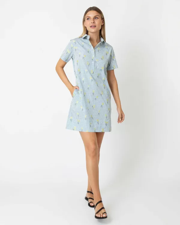 Store Ann Mashburn Short-Sleeved Popover Dress Blue/Yellow Fil Coup Floral Gingham Taffeta