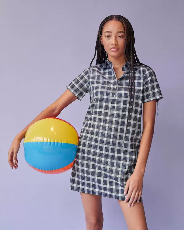 Shop Ann Mashburn Short-Sleeved Popover Dress Navy/Green Gordon Tartan Poplin